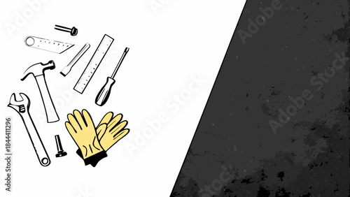 Collection of hand drawn tools including a hammer wrench screwdriver ruler gloves and screws on a white and textured dark background