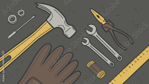 A collection of essential hand tools including a hammer pliers wrenches screwdriver gloves and a ruler laid out on a dark surface
