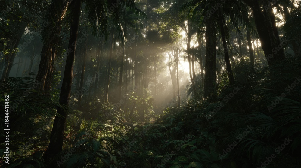 Obraz premium Sunlight Filters Through Lush Green Jungle Canopy Creating Ethereal Atmosphere in Dense Tropical Forest