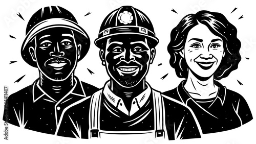 Diverse group of three smiling professionals two men in workwear and one woman depicted in a bold black and white graphic style