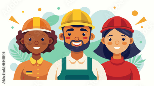 Diverse team of construction workers smiling together wearing hard hats and work uniforms representing unity and teamwork in the industry