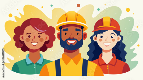 Diverse team of smiling construction workers wearing hard hats and work clothes representing teamwork and industry professions