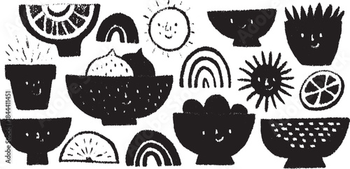 Bowl and sun illustrations with smiles in a simple set. Black vector designs featuring fruits and rainbows in a playful collection of images.