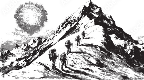 Silhouetted hikers climbing a steep snowy mountain ridge. This vector illustration depicts an adventurous outdoor activity in a stark black and white style.