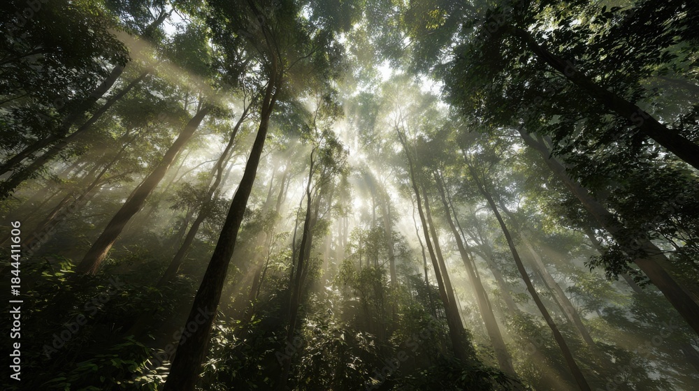 Obraz premium Sunlight Streams Through Dense Forest Canopy Illuminating Lush Green Plants and Creating Ethereal Atmosphere in Nature