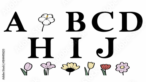 Alphabet letters a b c d h i j decorated with delicate hand drawn flowers and blossoms on white background