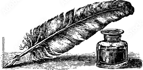 Vintage quill and ink set for writing and drawing. Detailed black and white vector illustration, perfect for artistic projects.