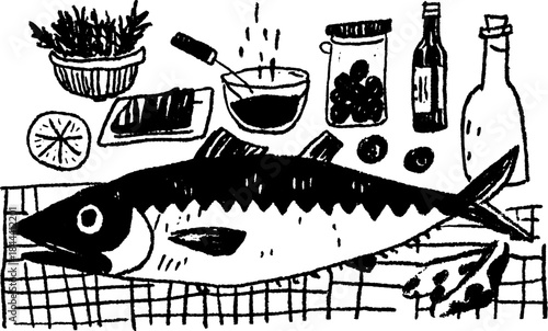 Fish ingredient with lemon, herbs, and olive oil. Simple line art in a flat vector illustration set showcasing cooking preparation.