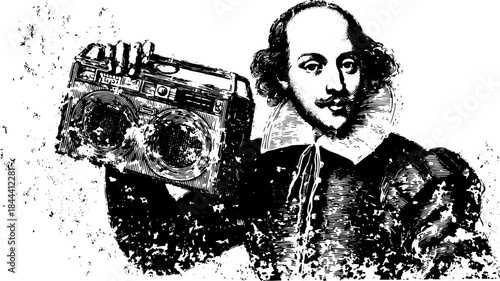 Antique engraving of a man holding a retro boombox. Vintage vector illustration featuring intricate detailing in black and white.