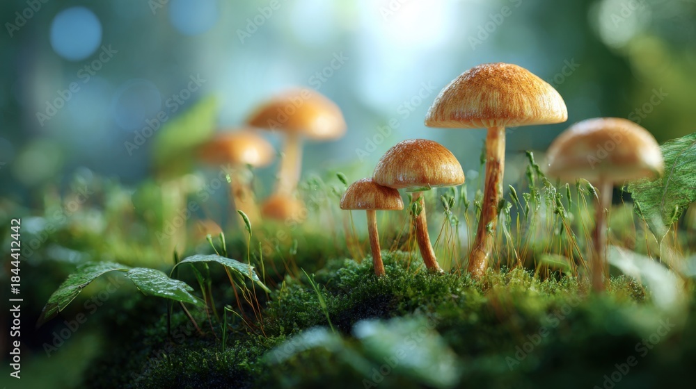 Fototapeta premium Lush Green Forest Floor with Vibrant, Fresh Mushrooms Surrounded by Soft Foliage and Gentle Sunlight Filters Through Trees