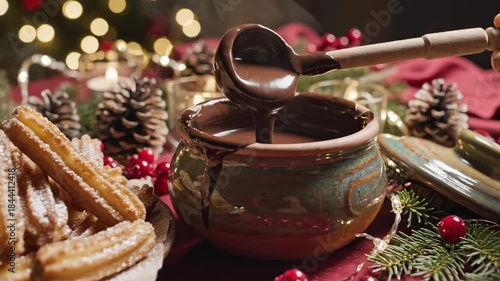 Elegant panning cinematic shot across a decorative festive table featuring fresh warm churros arranged beside a stoneware pot of melted dark chocolate sauce holiday, table setup, festivity