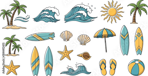 Vector set of tropical beach icons featuring a summer sun, palm tree, and sand for a vacation travel illustration on an island coast with ocean waves