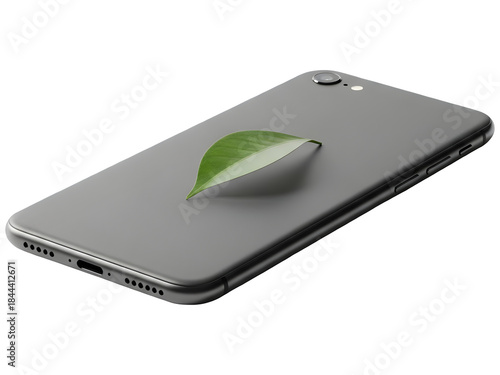 Black Smartphone with Green Leaf on Back (Angled)