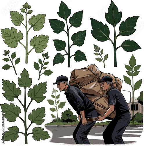 Create a kinds of deferent realistic Two men carrying a very large package across the street vector art white background.