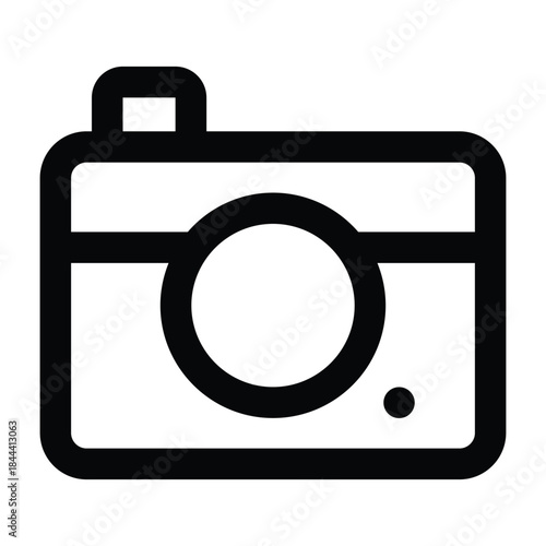 Black outline illustration of a camera with rounded stroke style. Designed for photography, media, travel documentation, content creation, and clean digital interfaces.