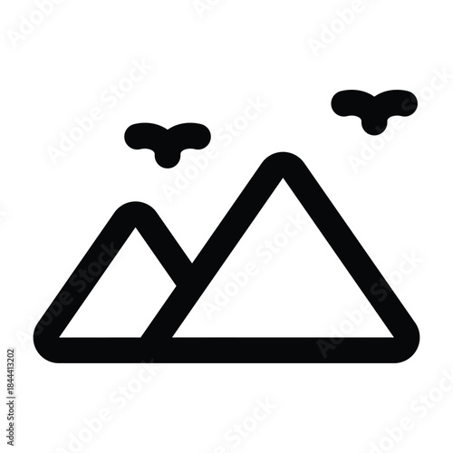 Clean outline illustration of mountains with birds using black strokes. Suitable for adventure travel, nature tourism, hiking, and outdoor exploration designs.