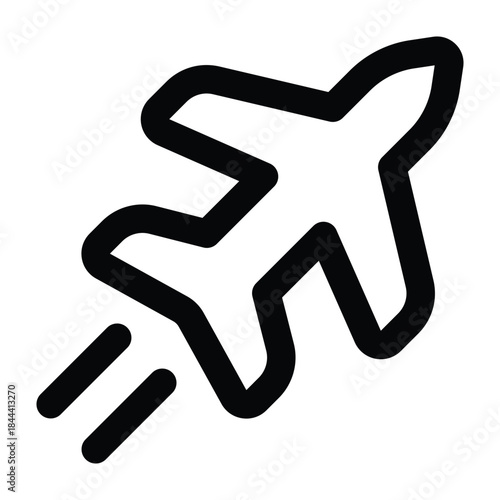 Outline illustration of an airplane in motion with clean black strokes. Ideal for air travel, flight booking, tourism marketing, and transportation-related visuals.