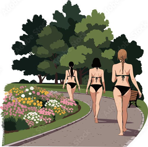 Create a kinds of deferent realistic Woman in a black bikini walking back to the camera vector art white background..