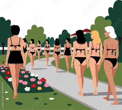 Create a kinds of deferent realistic Woman in a black bikini walking back to the camera vector art white background..