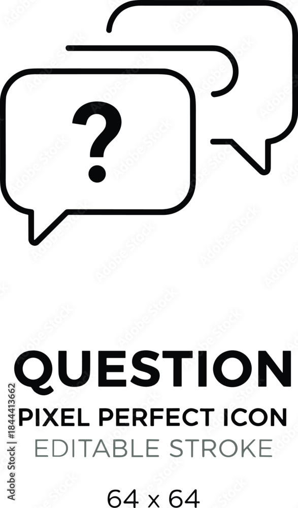 Naklejka premium Editable stroke pixel-perfect line icon depicting two chat bubbles with a question mark, representing customer support, FAQ, and assistance.