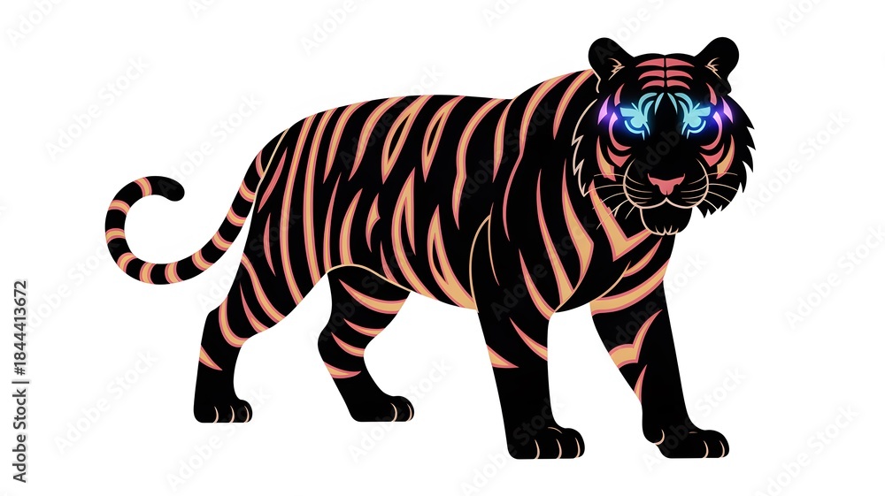 Obraz premium Stylized Tiger Illustration with Neon Eyes on Transparent Background