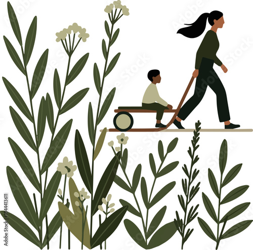 Create a kinds of deferent realistic Woman pulling a sledge with her daughter sitting in it. vector art white background.