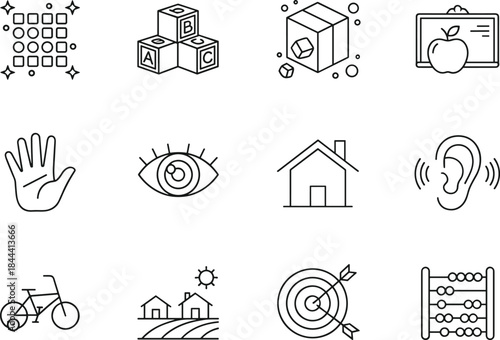 Diverse collection of black and white line icons representing fundamental concepts of childhood, learning, senses, home, education, and outdoor activities.