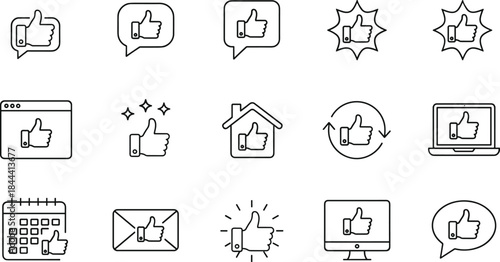 Large set of black and white line icons representing various forms of approval, social media likes, positive feedback, and thumbs-up gestures across different platforms.