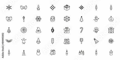Collection of delicate black and white line art holiday and winter themed icons