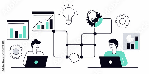 Creative collaboration and data analysis illustrated with tech icons and people