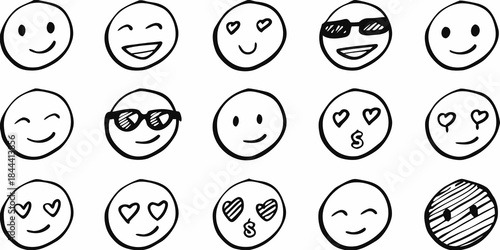 A collection of hand drawn smiling face emoticons with varied expressions