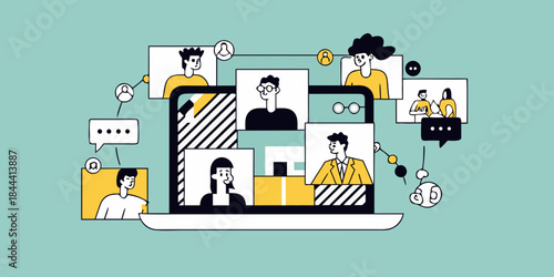 Digital connection a laptop displaying multiple people in video call windows