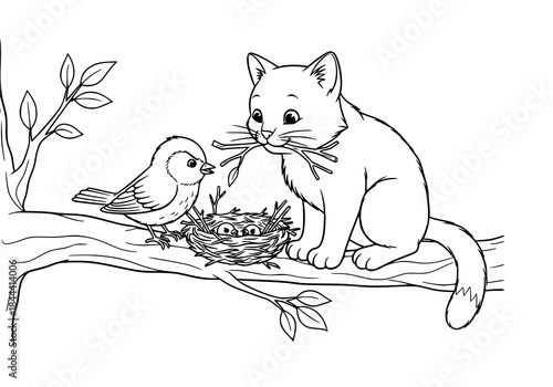 A cat helping a small bird fix its nest on a tree, heartwarming story, clean outline, black and white line art, white background.