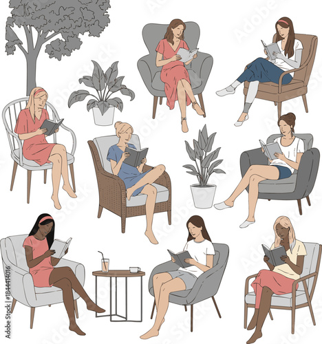  Create a kinds of deferent realistic Woman sitting in an armchair outside in the summer and reading a book, vector art with white background..