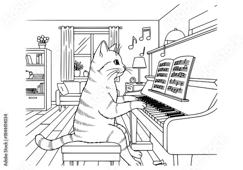 A cat learning to play the piano at home, musical notes floating around, clean black and white line art.
