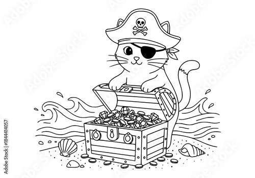 A curious pirate cat discovering a treasure chest on the beach, seashells and waves nearby, simple line art, white background.
