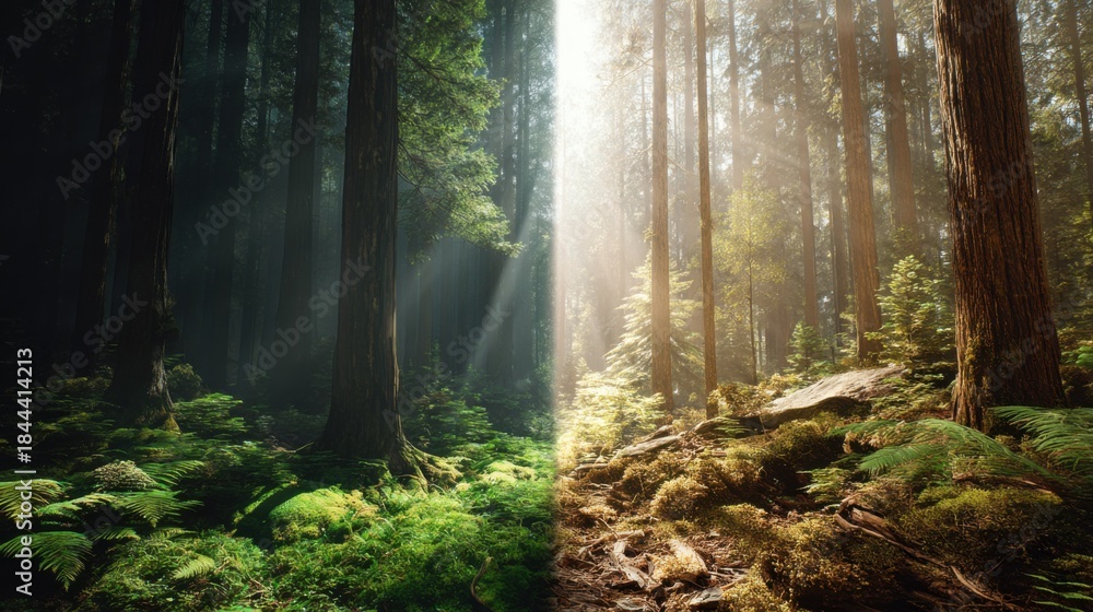 Fototapeta premium Transition Between Dark and Light Forests with Sunbeams Illuminating Vibrant Greenery and Mystical Atmosphere in Nature
