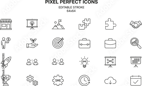 Comprehensive set of pixel-perfect line icons representing core business, startup, investment, finance, strategy, collaboration, and professional success concepts.