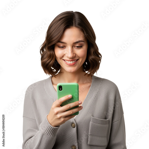 Woman Smiling at Her Smartphone – A Moment of Joy in Everyday Digital Life

