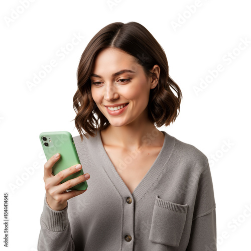 Woman Smiling at Her Smartphone – A Moment of Joy in Everyday Digital Life

