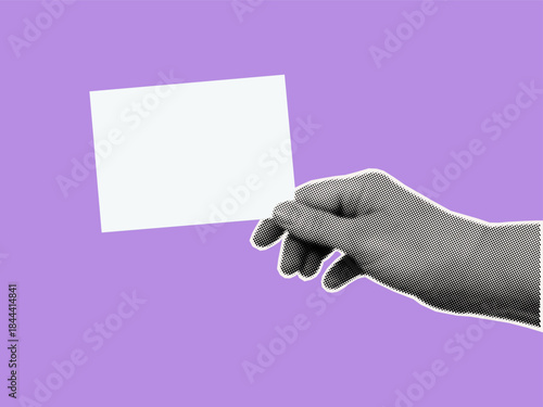 Blank card in hand. Template for displaying an announcement, message, or advertisement. A woman's hand holds a blank note. Contemporary collage art in halftone style. Vector illustration.