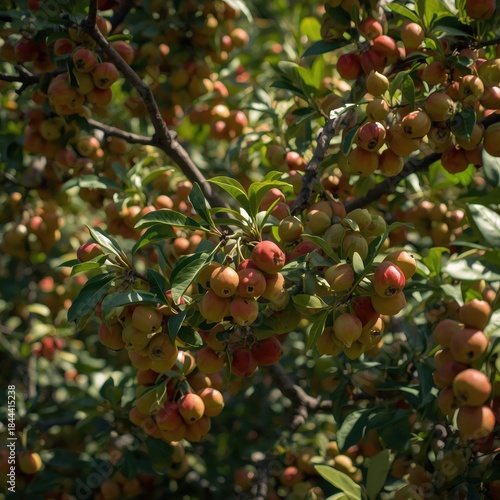A close-up view of vibrant crabapples ripening on a tree branch in autumn light