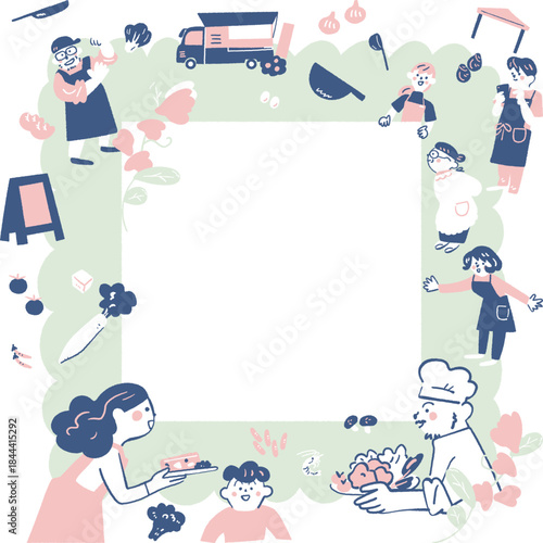 パステルカラーの手書き風タッチで描かれた、パーツごとに分離可能で配置変更が容易な、料理を作る人々とキッチンカーの正方形フレーム素材