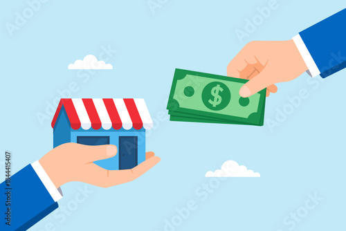 Flat illustration of hand offering money in exchange for storefront symbolizing business investment franchise buying entrepreneurship and small enterprise acquisition