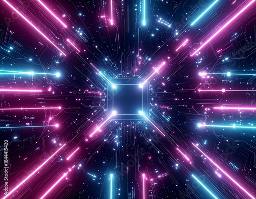 Futuristic circuit board pattern with glowing neon lines