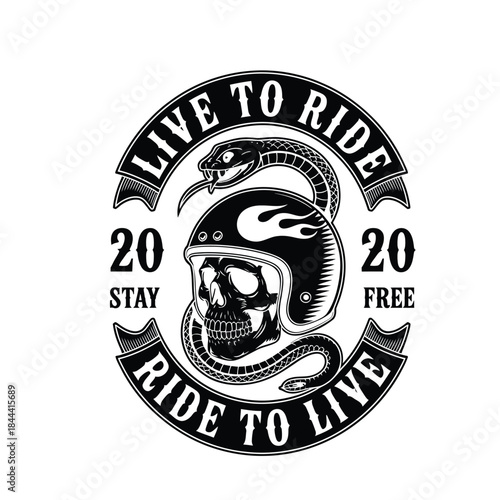 Biker Skull in Helmet with Snake and Flames