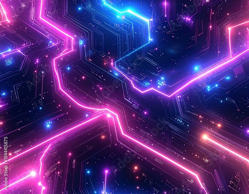 Futuristic circuit board pattern with glowing neon lines