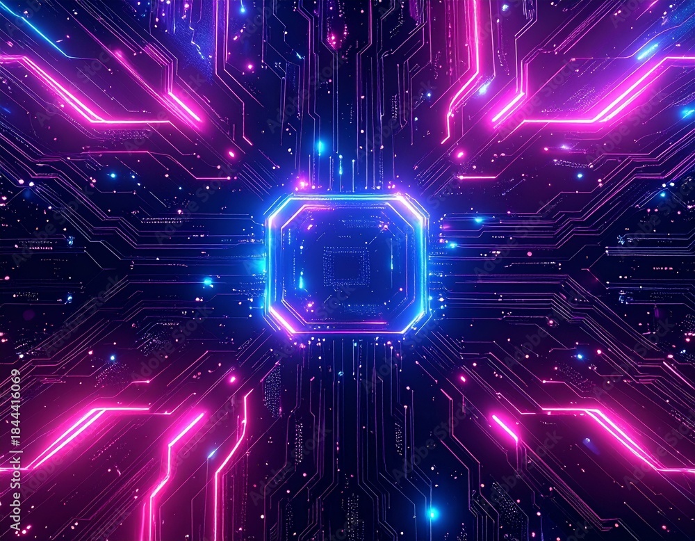 Fototapeta premium Futuristic circuit board pattern with glowing neon lines