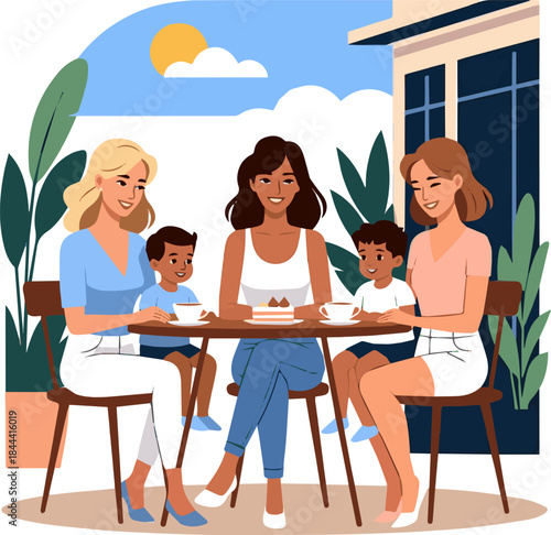 Create a realistic vector art of three women with kids sitting in a cafe in summer, white background.