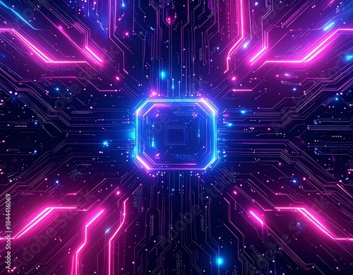 Futuristic circuit board pattern with glowing neon lines